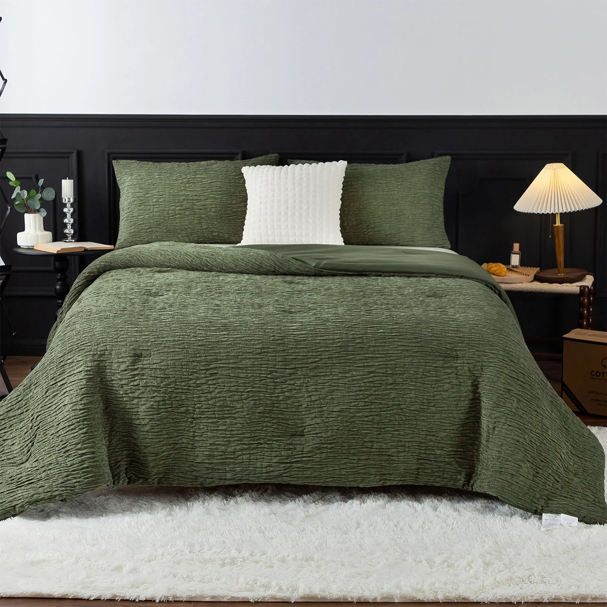 Luxury Reversible Chenille Cotton Bedding Comforter Sets Queen/Full Size Comforter Sets, army olive green,All Season