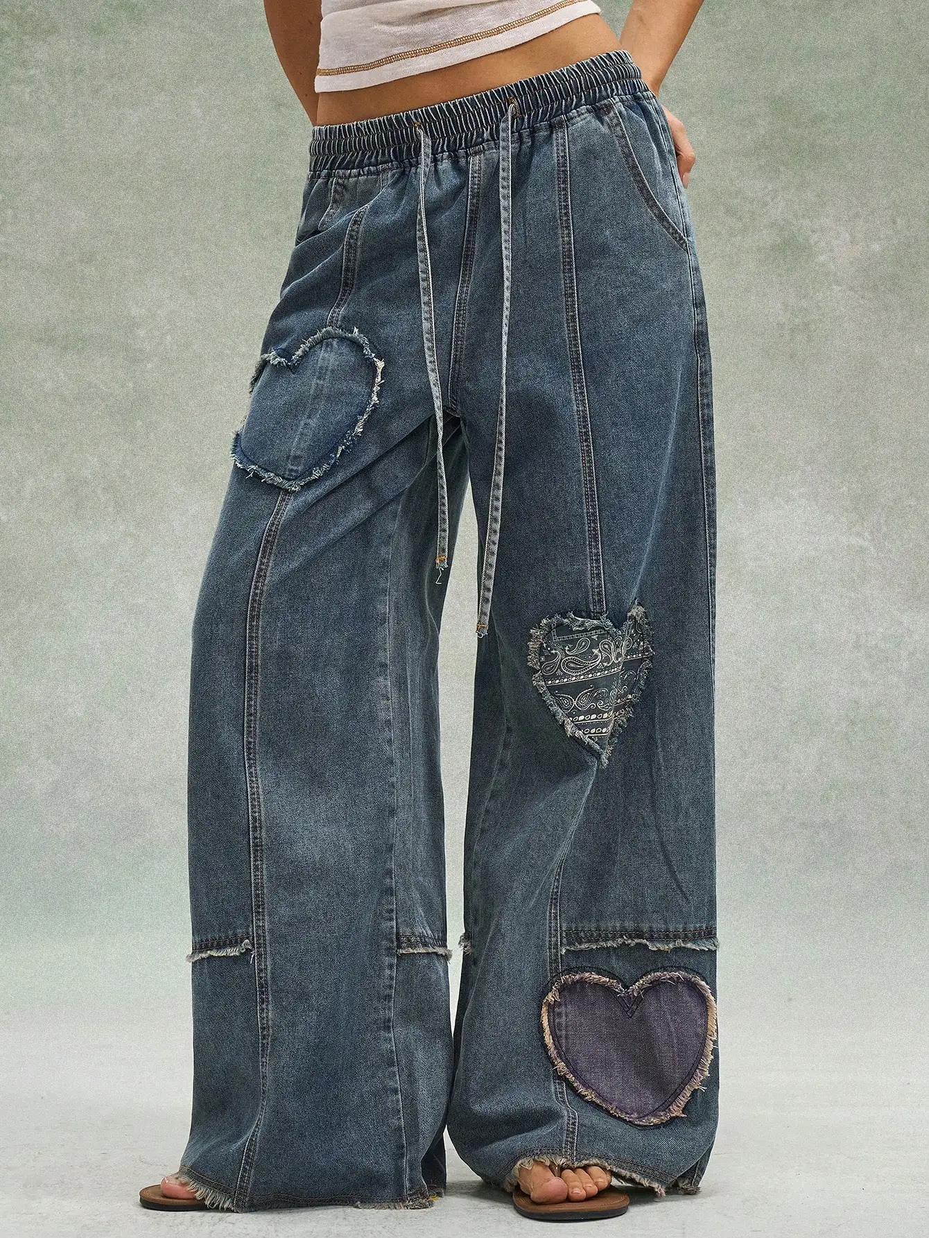 Woven Denim Love Pattern Patchwork Low-Waist Loose Wide-Leg Women's Jeans Valentine's Day Autumn Gameday College Office Grey