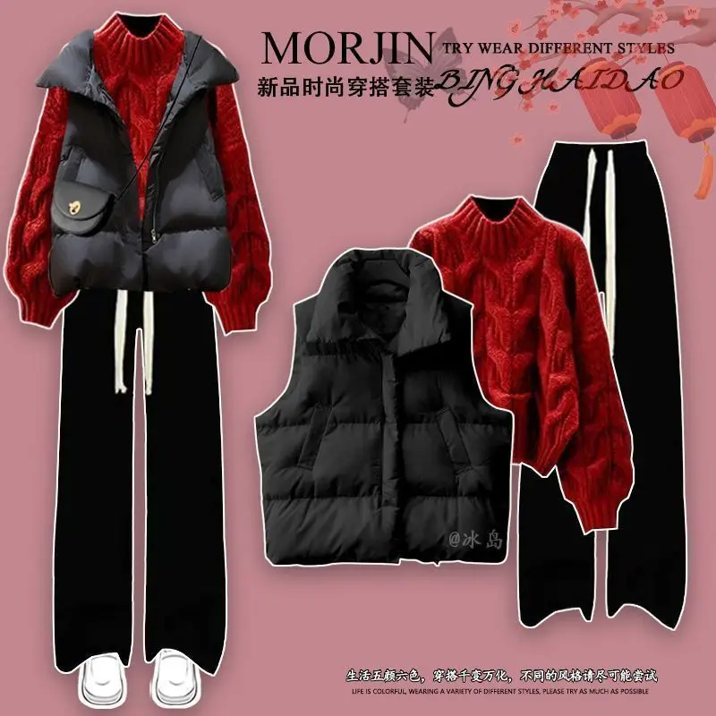 Autumn and Winter Set Women's New Cotton Jacket Vest with Red Knitted Sweater Slimming Casual Pants Three Piece Set