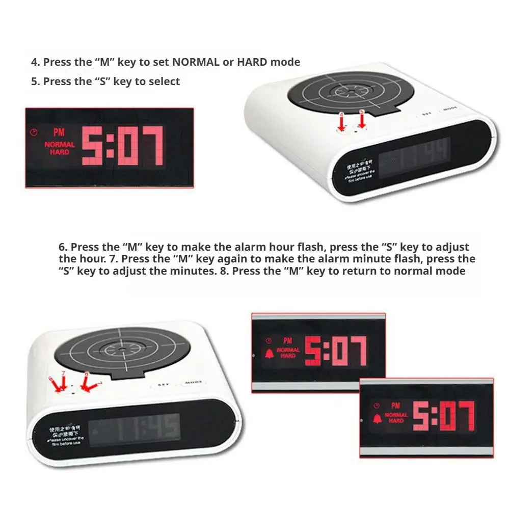 VelmoraMart target alarm clock on a nightstand with an infrared blaster, showing the interactive shooting target feature