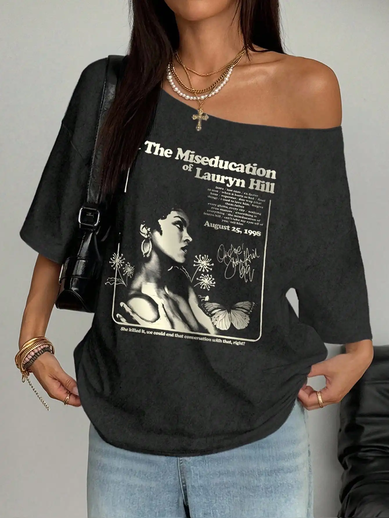 

Women's Off Shoulder Loose T-Shirt with Lauryn Hill Album Print, Casual Streetwear Top