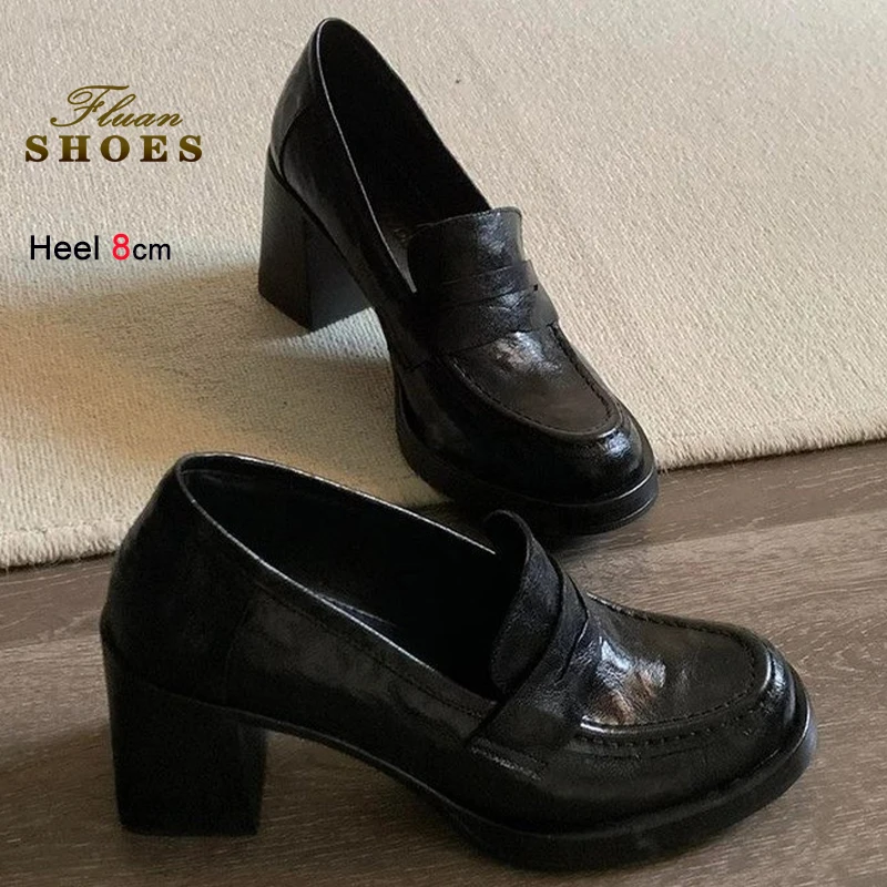 

New Spring Autumn Retro Black Genuine Leather Women's Loafers Shoes Chunky High Heels 8cm Fashion Ladies Pumps Party Dress Shoes