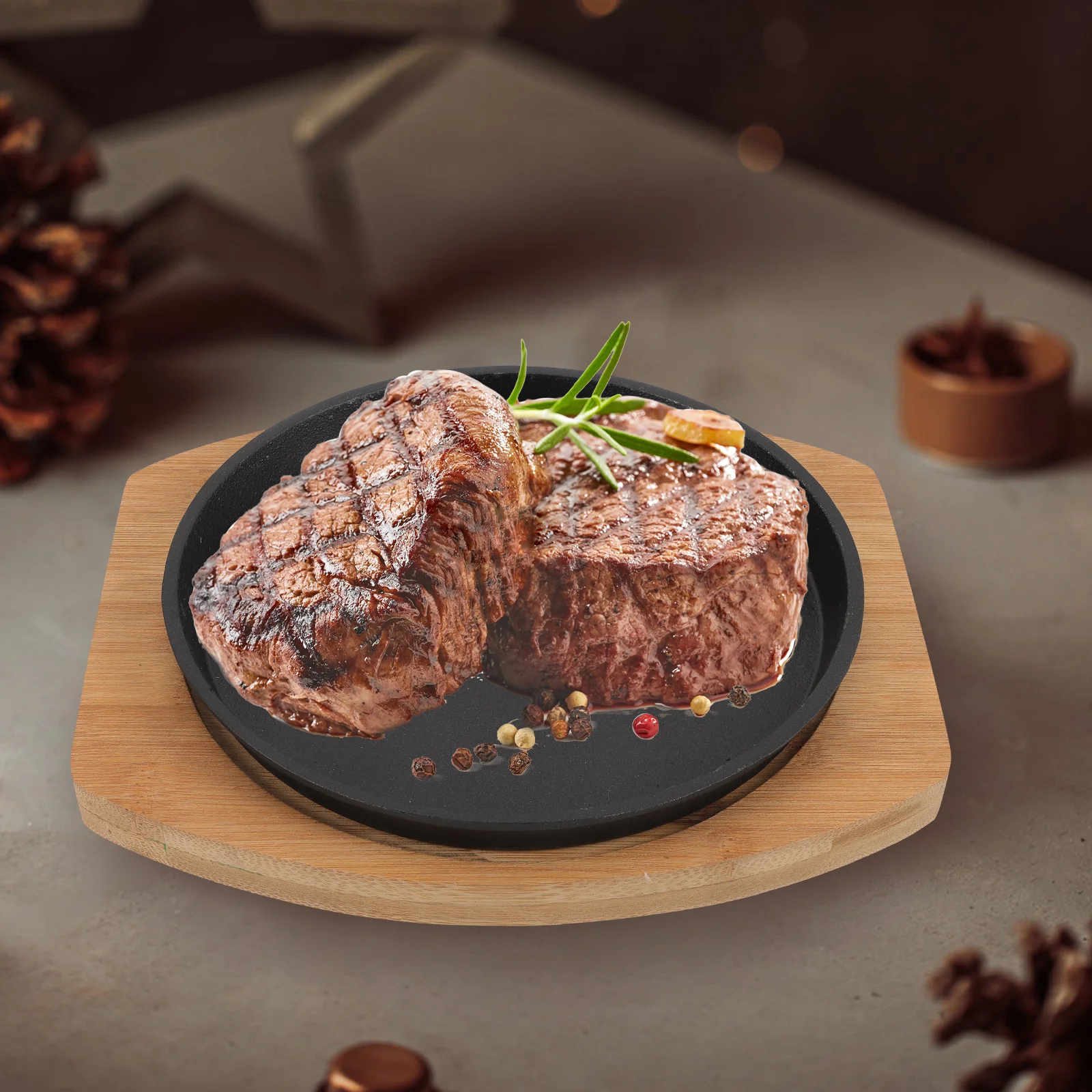 

Non Stick Teppanyaki Iron Plate Pan Barbecue Roasting Conduction Reusable Grilling Pan Steak Serving Tray Wood