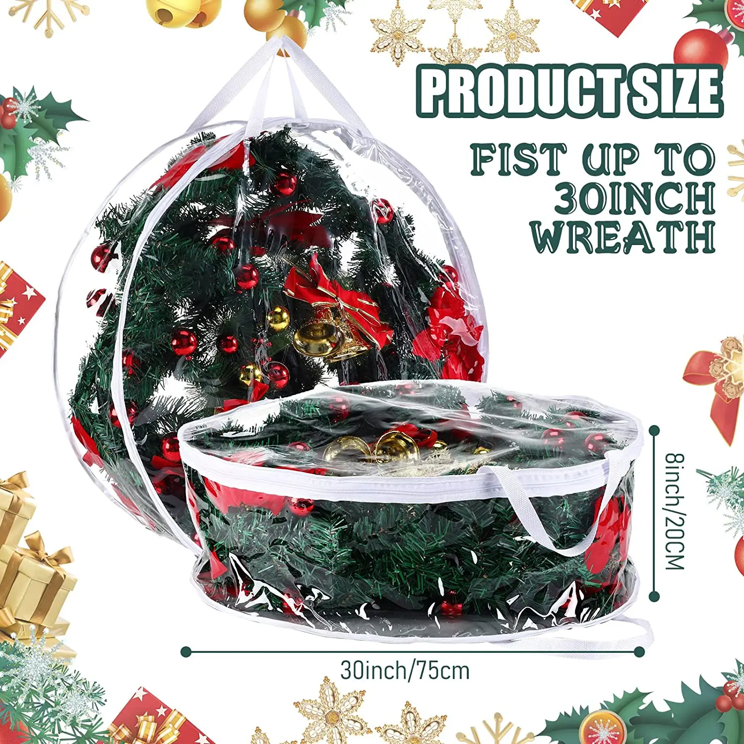 Christmas Wreath Storage Container Bags 30 Inch Clear Plastic with Dual Zippers and Handles for Xmas