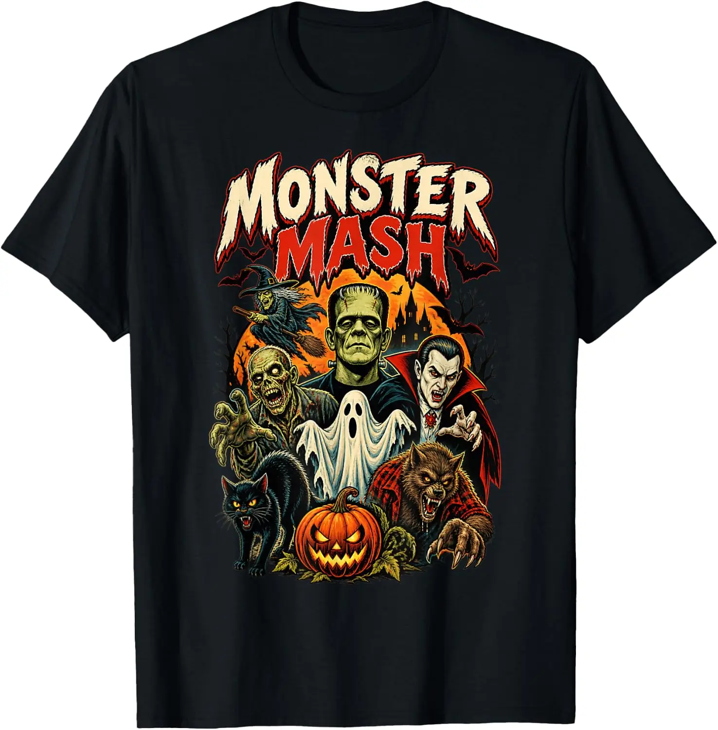 Retro Funny Monster Mash Ghost Skeleton Vampire Halloween T-Shirt Unisex Graphic T‑Shirt, Unique [Your Graphic Design] Print Tee, 100% Cotton Soft Breathable Crew Neck Casual Short Sleeve T‑shirt For Men Women Novelty Daily Tops