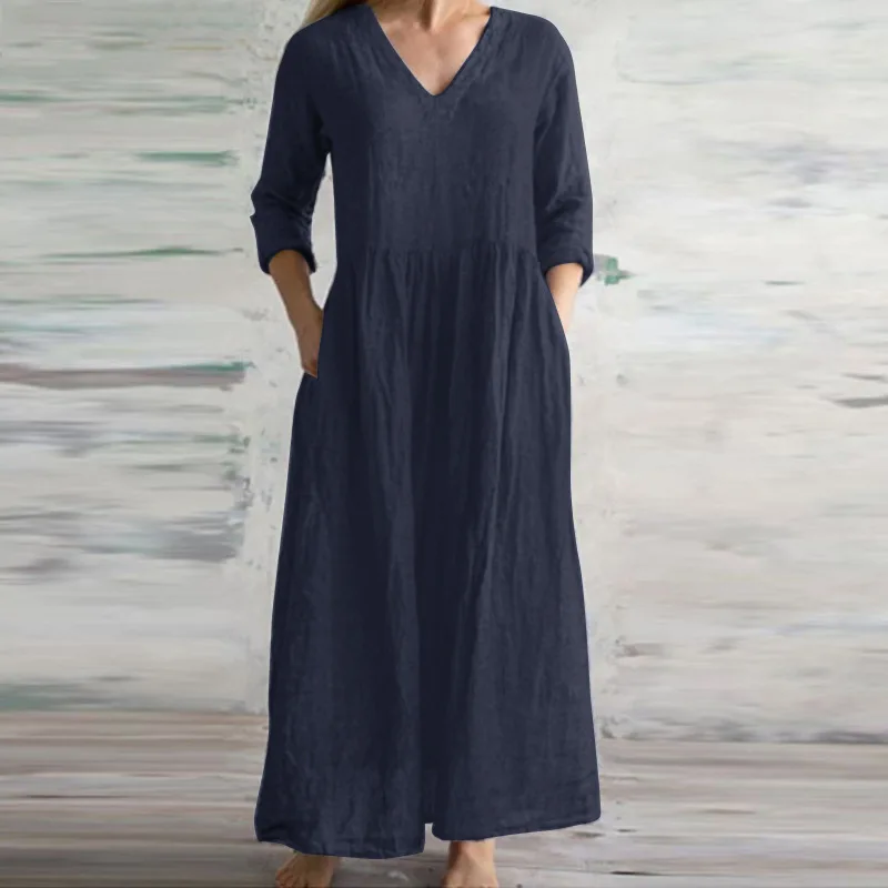 Abiti lunghi larghi in lino di cotone per le donne 2024 primavera autunno nuovo Casual mezze maniche con scollo a v Maxi vestito stile semplice Lady