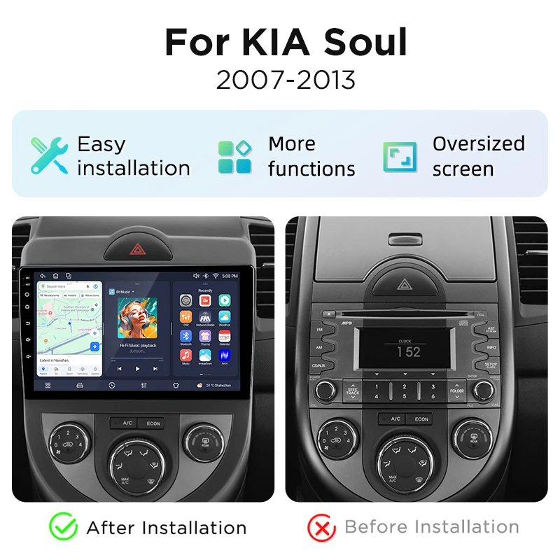 Junsun Sistema Estéreo Inteligente Android 15 de 9 Pulgadas para Kia Soul 1 AM 2008-2013, Radio para Auto, CarPlay Inalámbrico, Voz AI, Pantalla Táctil IPS, Reproductor Multimedia Inteligente, Unidad Principal 2 Din, Navegador GPS, Mirror Link, Bluetooth Automotriz, 4G, FM, AM, DSP, RDS, SWC, DAB+