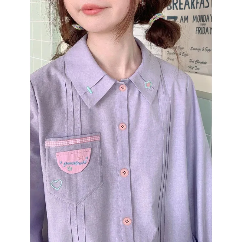 QWEEK Sweet Preppy Shirts Japanese Casual Youth Women's Blouses Pretty Solid Color Long Sleeve Embroidery Button Up Cute Clothes