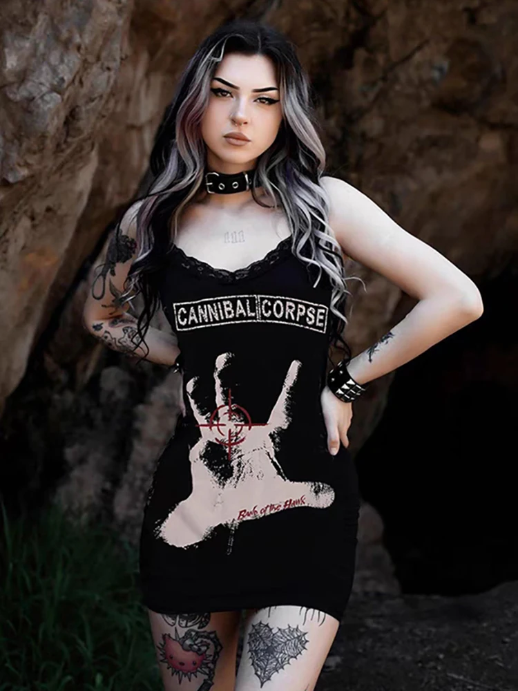 RORORIRI Hand Graphic Print Camisole Dress Women Letter Vintage Spliced Lace Open Back Slim Bodycon Mini Dress Grayu Y2k Clothes