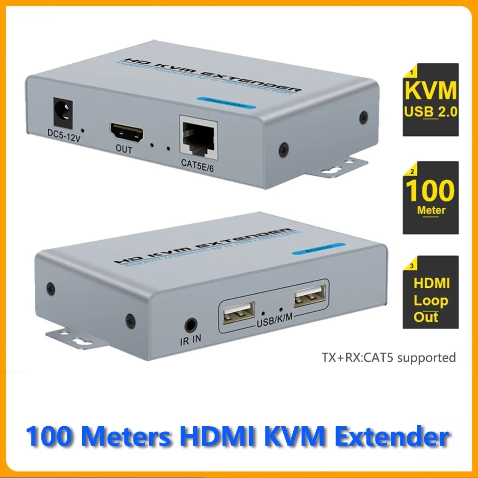 HDMI KVM USB Extender 1080P Over Cat5e/6 Ethernet Cable 100m (330ft) for Mouse and Keyboard Control Remote Signals