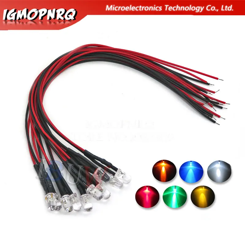 10 buah DC 3V 6V 12V 24V Pre Wired 3mm 5mm lampu LED bola lampu pre-wired memancarkan dioda transparan kuning biru hijau putih merah