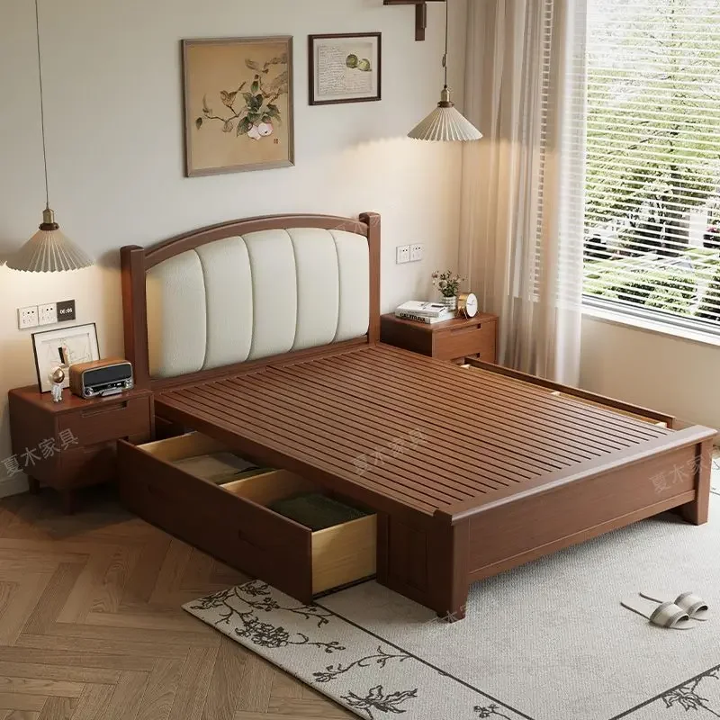 Walnut thickened solid wood soft bag bed, bed and breakfast single small apartment storage bed