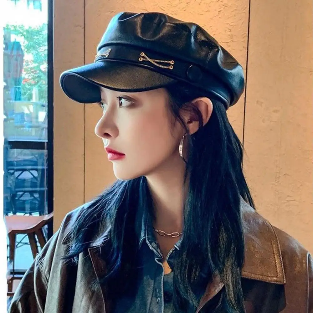 

Buckle PU Leather Beret Hat Ajustable Painter Hat Flat Top Visor Outdoor Sunscreen Hat Casual Elegant Classic Octagonal Cap