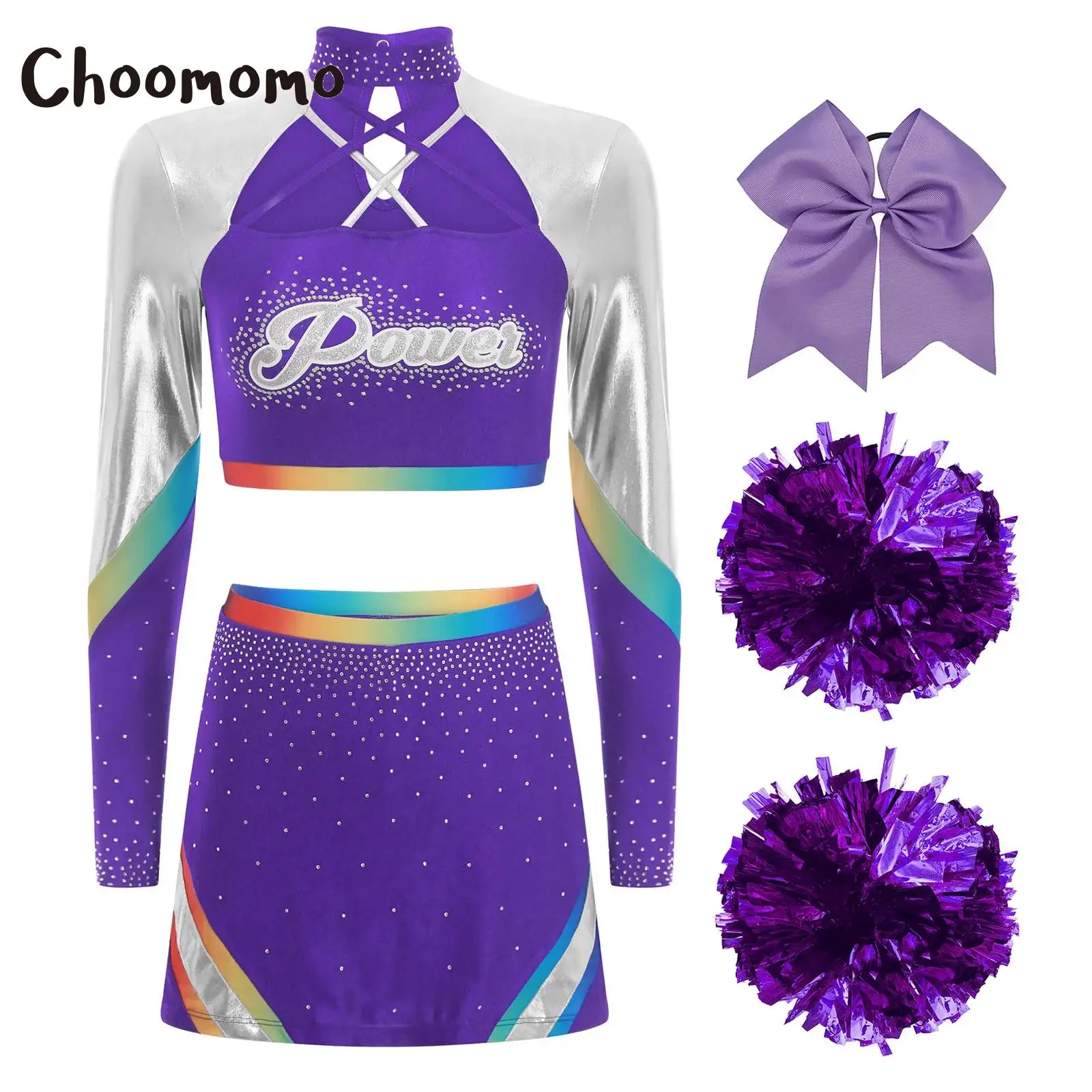 

Womens Cheerleading Costume Dance Uniform Set Sequins Long Sleeve Crop Top With Skirt Hand Flowers And Hair Clip Stage Outfits