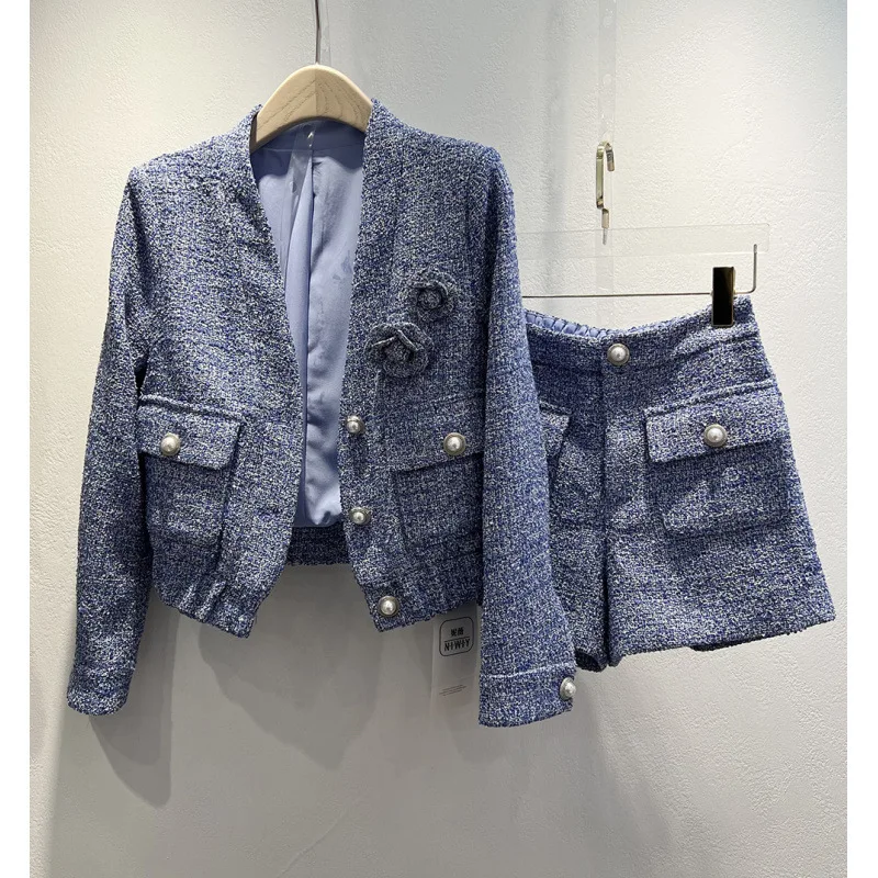 Women's blue 2-piece tweed suit jacket+high waisted shorts 2026 autumn/winter new small fragrant style women's clothing