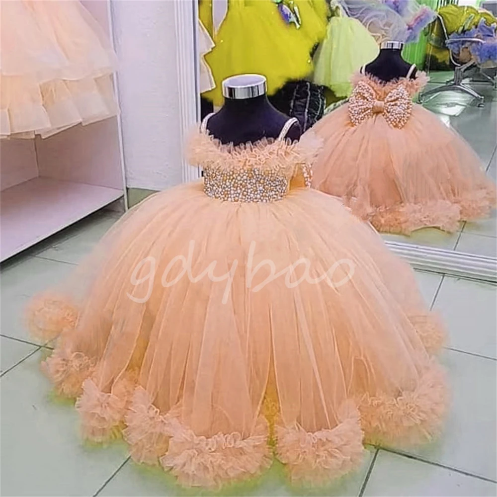 Ruffles Flower Girl Vestidos com Pérolas Laço, Vestido de Tule, Longo, Primeira Comunhão, Birthday Party, Bebés Meninas, Criança