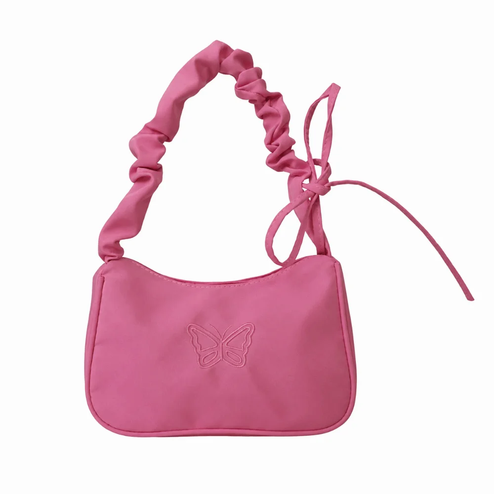 Ruffle Handle Women's Shoulder Bag Butterfly Embroidery Nylon Handbag Bowknot Decoration Zipper Closure Square Bag Daily Wear