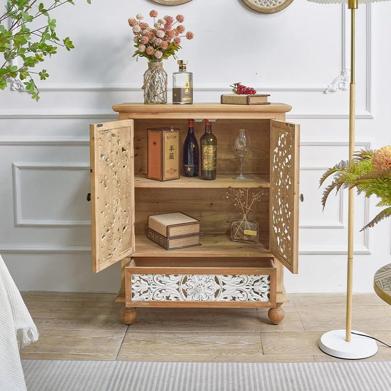 Home Furniture Manufacture Rustic Solid Wood Carved 2 Door Storage Sideboard Buffet Cabinet With 1 Drawer