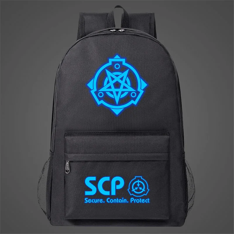 SCP Foundation Backpack Blue Fluorescent Luminous School Bag  Teenage Boy Cool SCP Game Pring Travel Bagpack Laptop Shoulder Bag