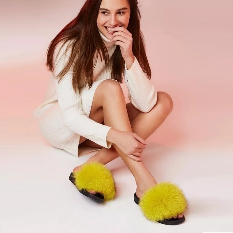 

Fox Slippers Real Solid Color Fox Fur Slippers Summer Indoor And Outdoor Non-Slip Casual Slippers home Flat Slides for Women's