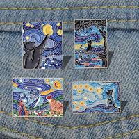 Enamel Pins Custom Van Gogh Oil Painting Brooches Lapel Badges Fun Animal Art Jewelry Gift for Kids Friends Starry Night Cats