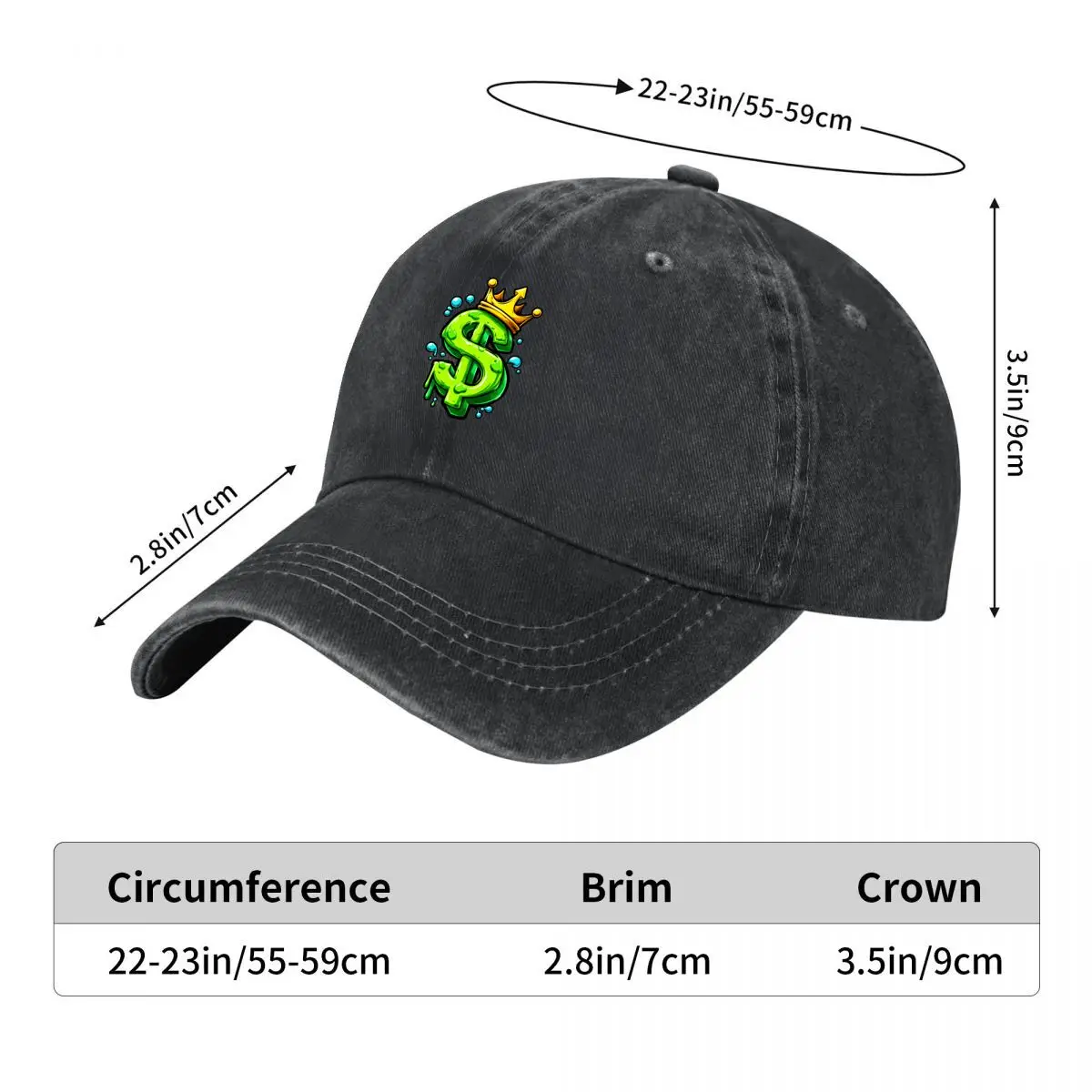 Crowned Green Dollar Sign Slime Splash Graphic New Vintage Washed Cotton Baseball Cap Sun Hats