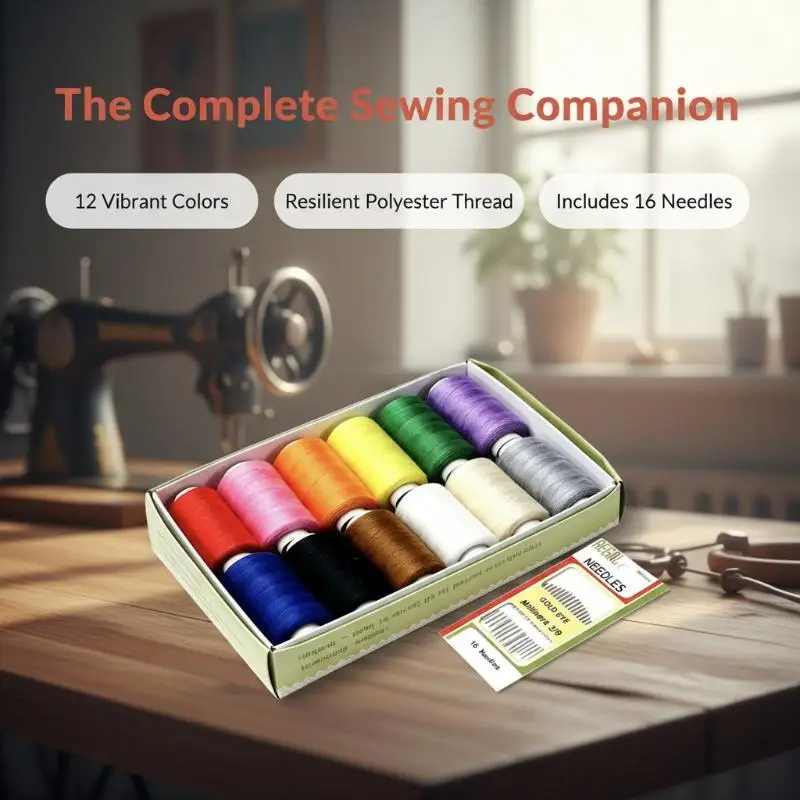 Sewing Thread Set 12 Colors 350m Per Spool with 16 Needles for Hand & Sewing Machine DIY Craft Home Use