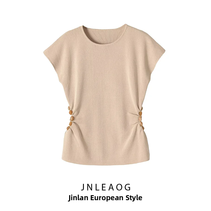 JNLEAOG Women's T-shirt Short Sleeve round Neck Side Hollow out Decoration Summer New Style Casual Fashion Polyester Fiber