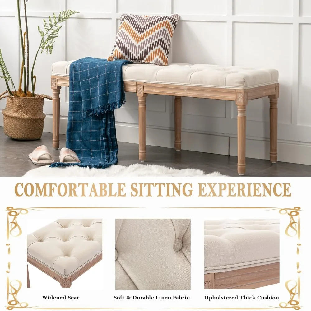 مقعد غرفة نوم منجد معنقدة عتيقة، 47 مقعد لتناول الطعام على الطراز الفرنسي مع وسادة، قماش كتان، نهاية مقاعد السرير O #5