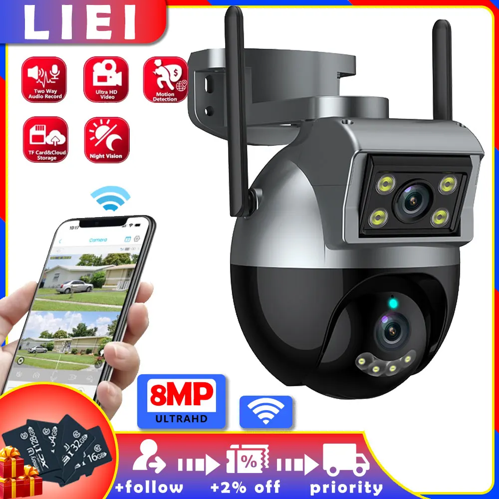 

LIEI 8MP Dual Lens WIFI Surveillance Camera Wireless Outdoor Security PTZ IP 360 Cameras AI Human Detect Digital CCTV Camera