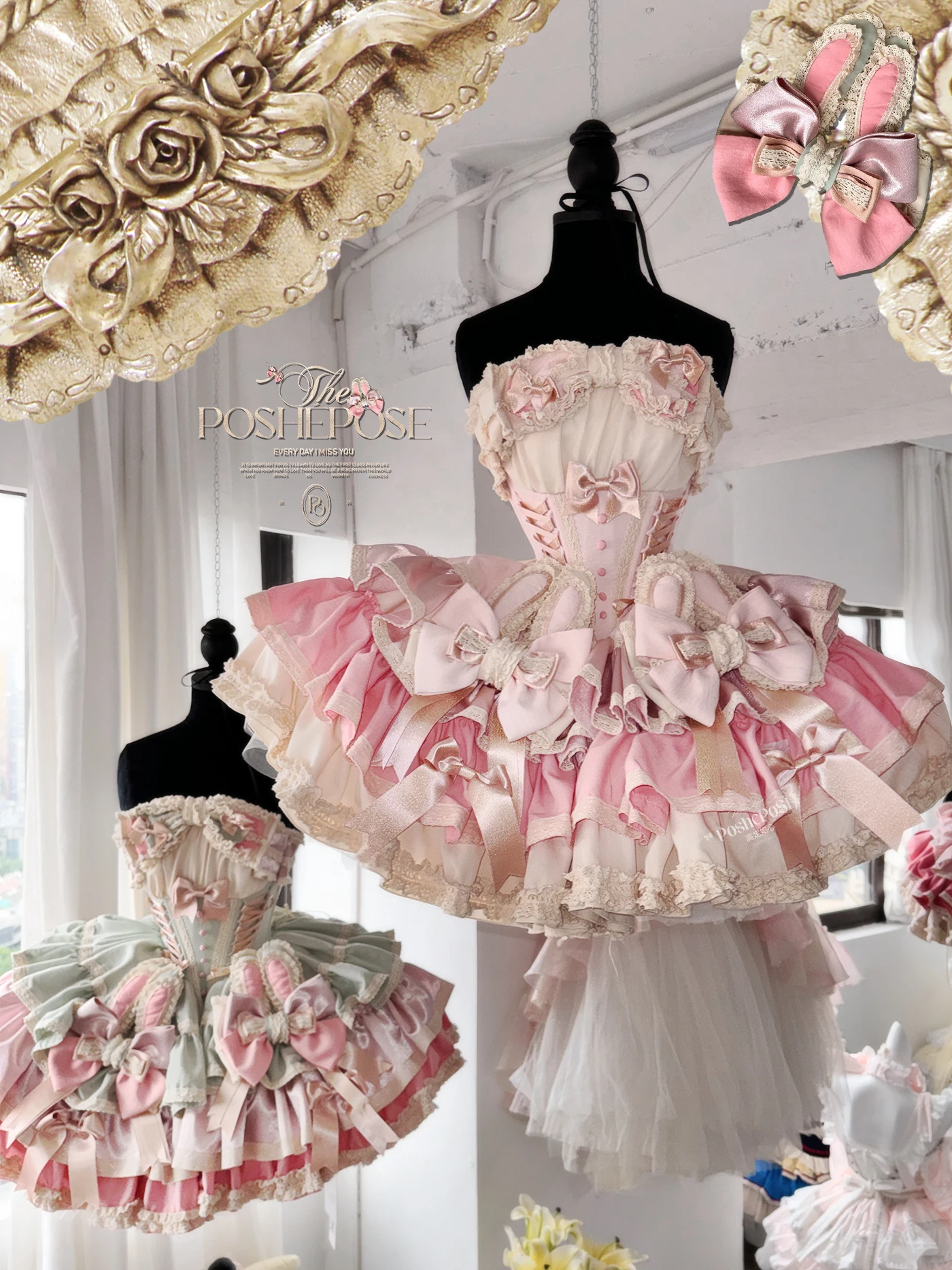 Originele hoge kwaliteit roze konijntje zoete prinsessenjurk schattige strik hoge taille lolita sets off-shoulder mouwloze mini gezwollen jurk