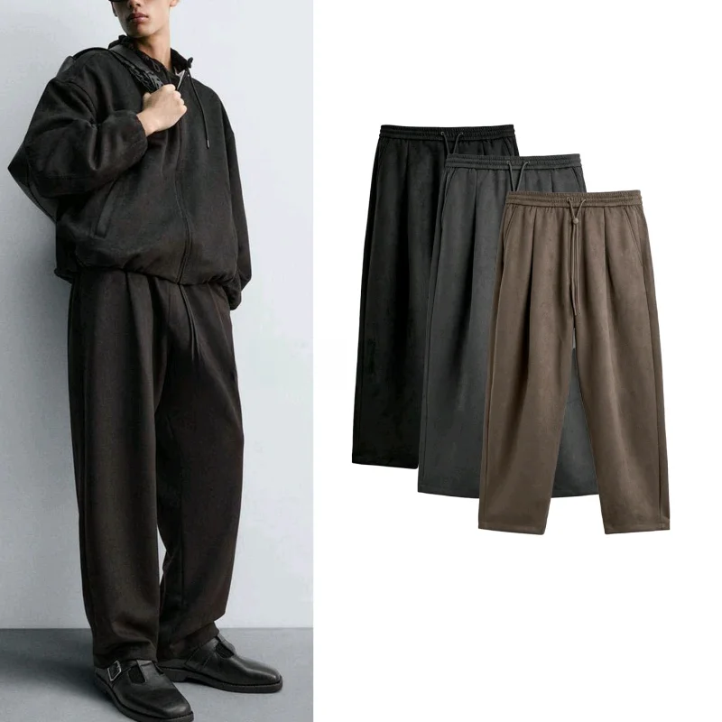 

Men's Casual Loose Wide Leg Pants Autumn Winter New Arrival Faux Suede Effect Design Sensation Trousers l Waist Straigh...