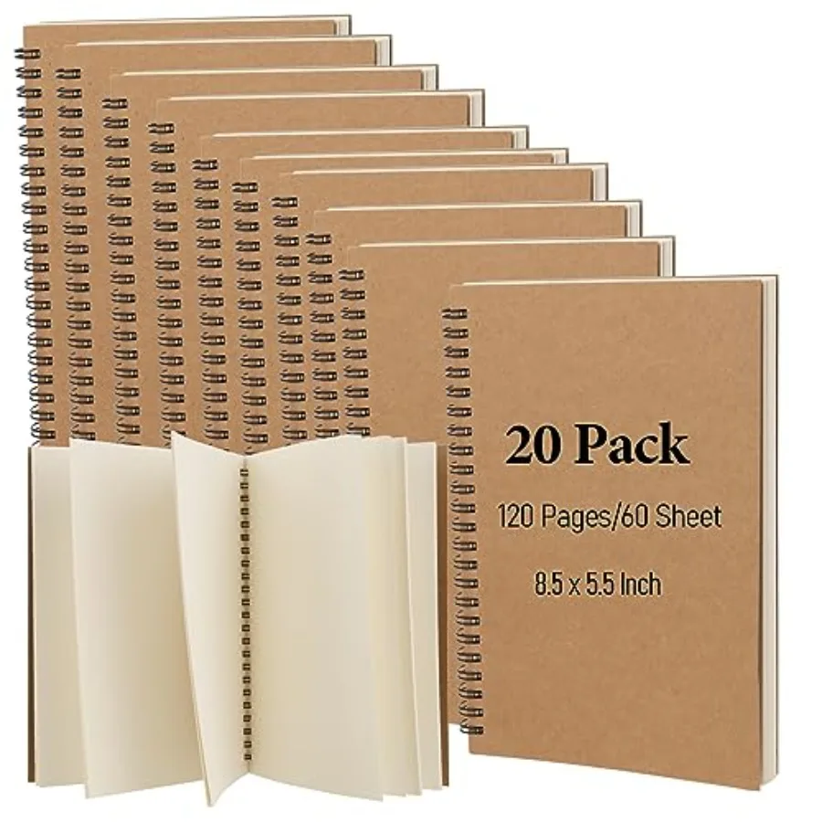 

20 Pack A5 Unlined Spiral Notebook, 120 Pages/60 Sheets Softcover Kraft Blank Stketch Book Journal Notebook, Sketch Padfor Draw