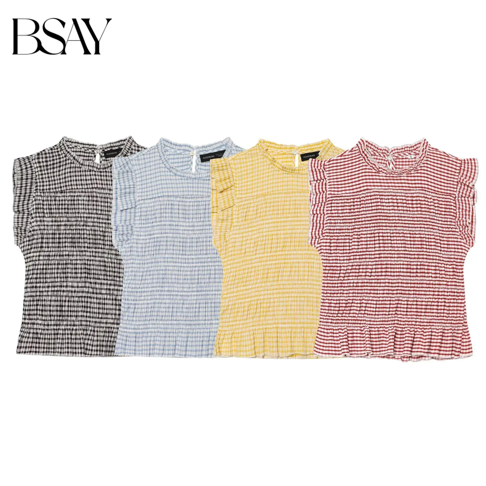 BSAY 2026 Women Gingham Plaid Smocked Blouse Ruffle Trim Stand Collar Sleeveless Peplum Crop Top Summer Casual Daily Tank Shirt