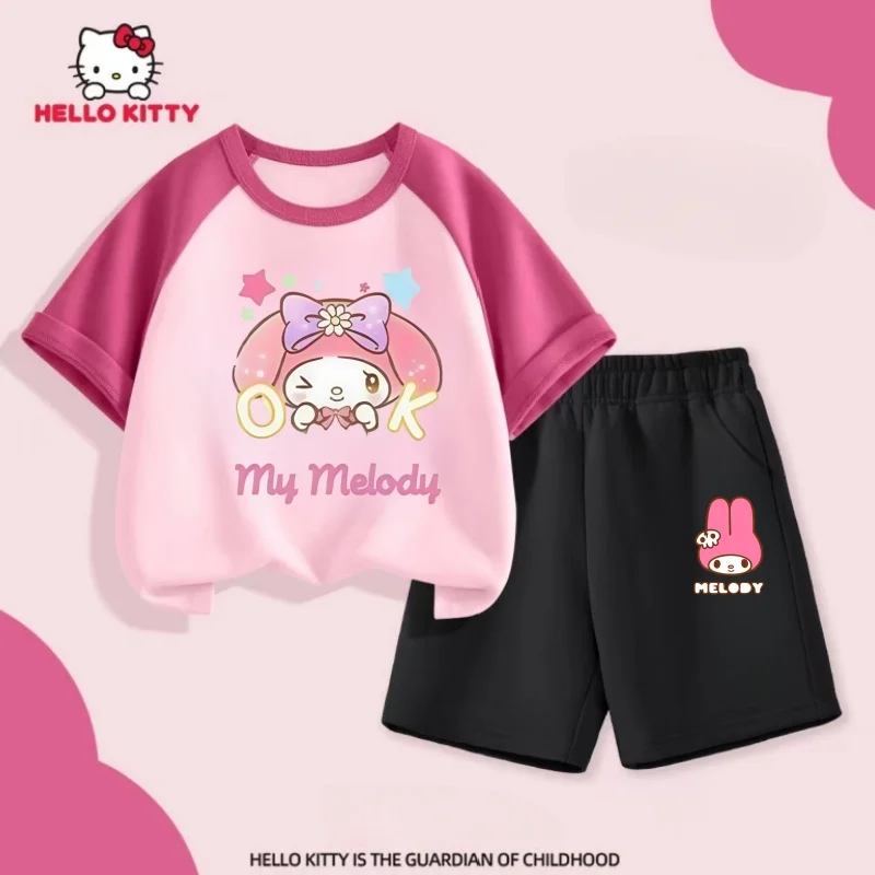 

Sanrio Summer Baby Girls Patchwork Clothes Set Kid My Melody Printed Short Sleeve T-shirts Top and Shorts Suit Children Outfits