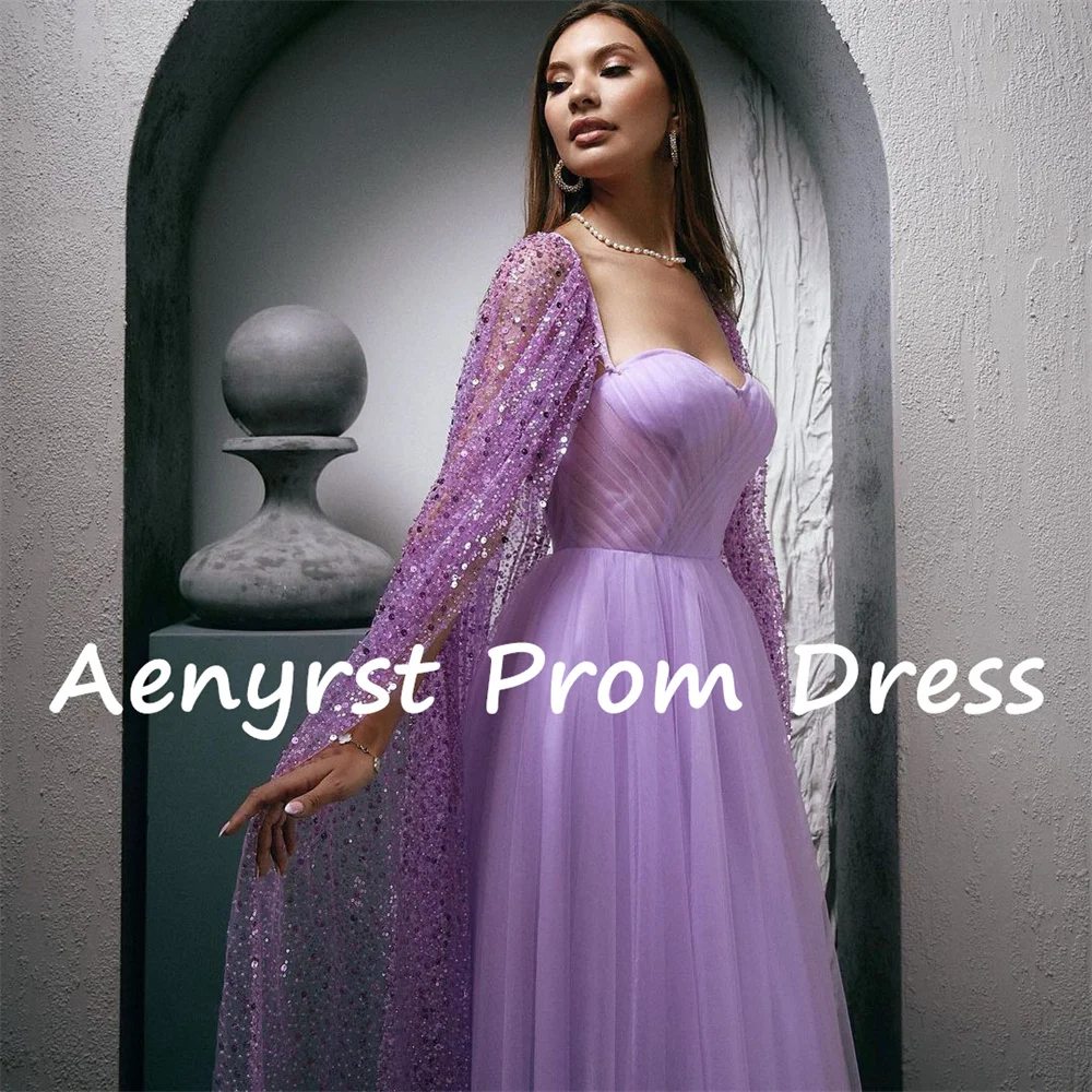 Aenyrst Elegant Sweetheart Long Cap Sleeves Prom Dresses A Line Sequined Pleated Evening Gowns Floor Length Formal Party Dress