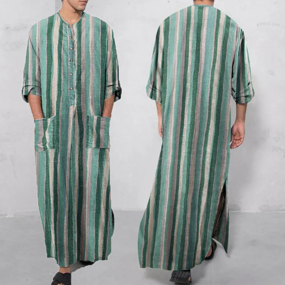 

Men Sleep Robe Trendy Muslim Jubba Thobe Men Islam Kaftan Cotton Pakistan Saudi Arabia Djellaba Long Sleeve One-Piece Long Dress