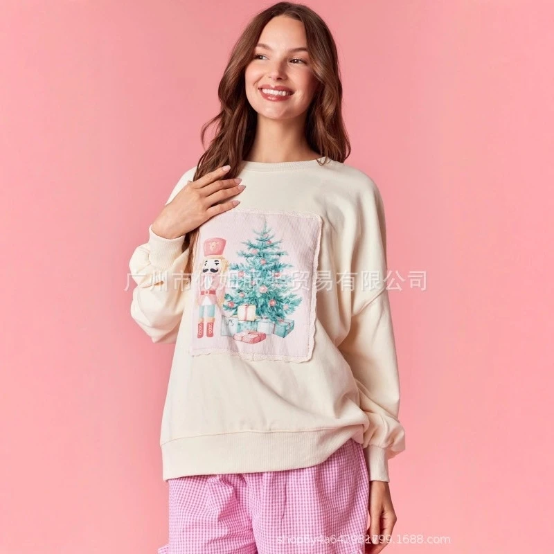 Haftowana bluza z długim rękawem, luźna, codzienna, zimowa, świąteczna bluza damska, ciepła, idealna na przyjęcie świąteczne, prezent.