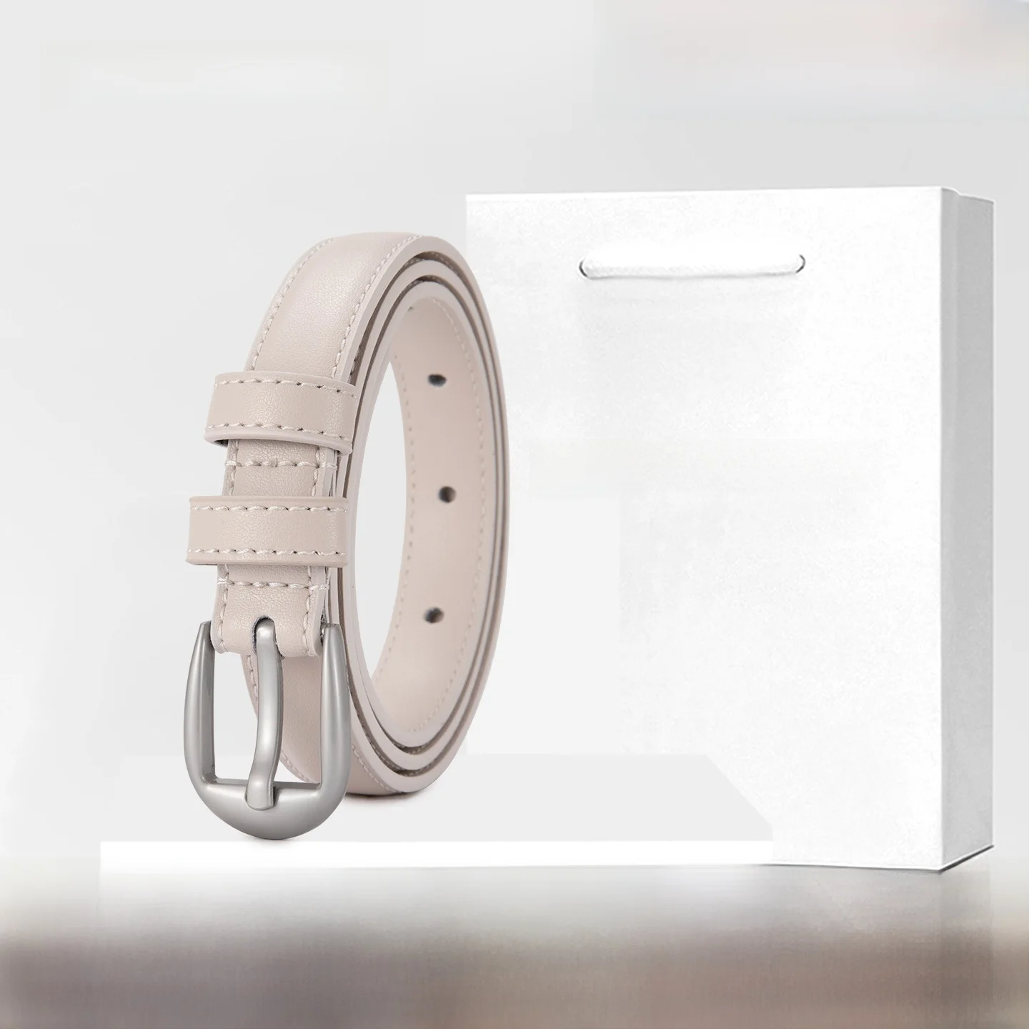 本革ベルト-女性用-装飾的な白いスリムウエストベルト-スカートやジーンズに合わせやすい-シンプルなスタイル-合金バックル