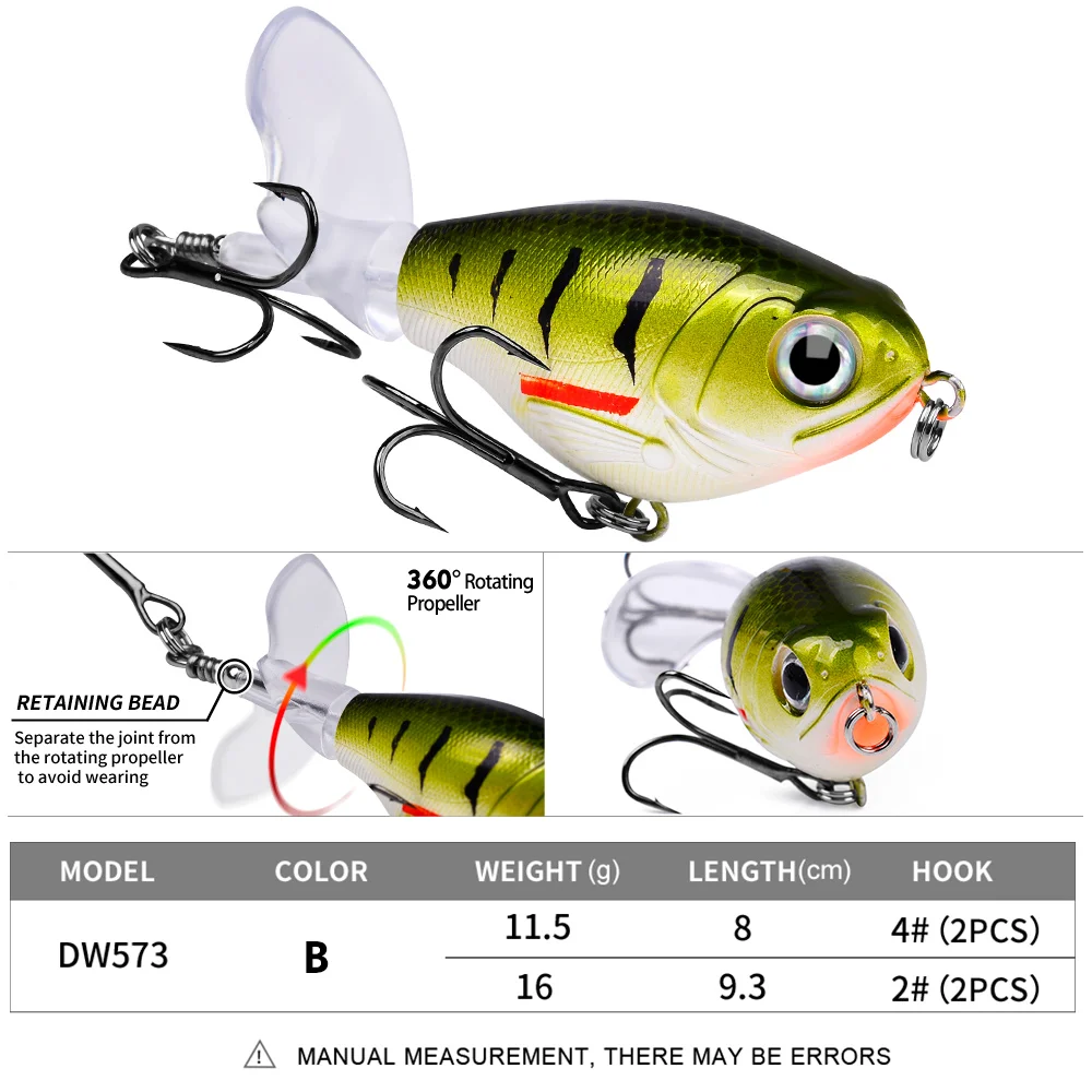 PROBEROS1PC Whopper Popper Topwater Angelköder – künstlicher harter Köder mit weichem rotierendem Schwanz für Barsch-Angelgeräte