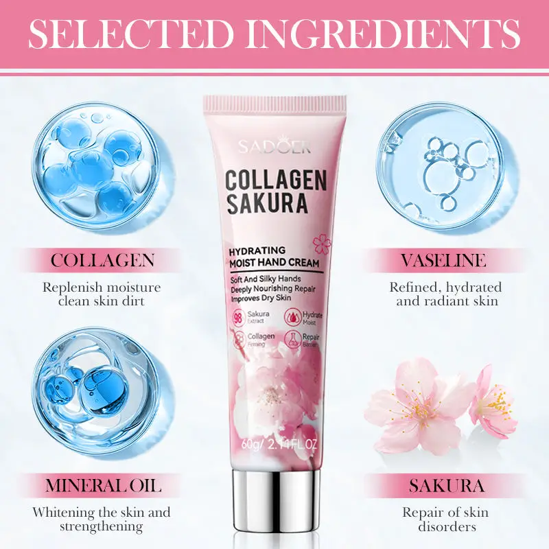 SADOER Sakura-Crème hydratante au collagène pour les mains, soin de la peau lissant et hydratant