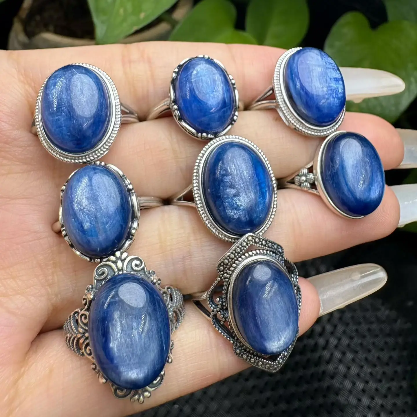 1 Pc Fengbaowu Natural Kyanite Ring Oval Cabochon 925 Sterling Silver Reiki Healing Stone Jewelry Gift For Women