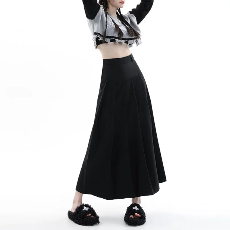 Vintage Grey Medium Length Skirts Women Spring Summer High Waist Pleated Umbrella Skirt Fashions Y2k Female Korean Style Clothes