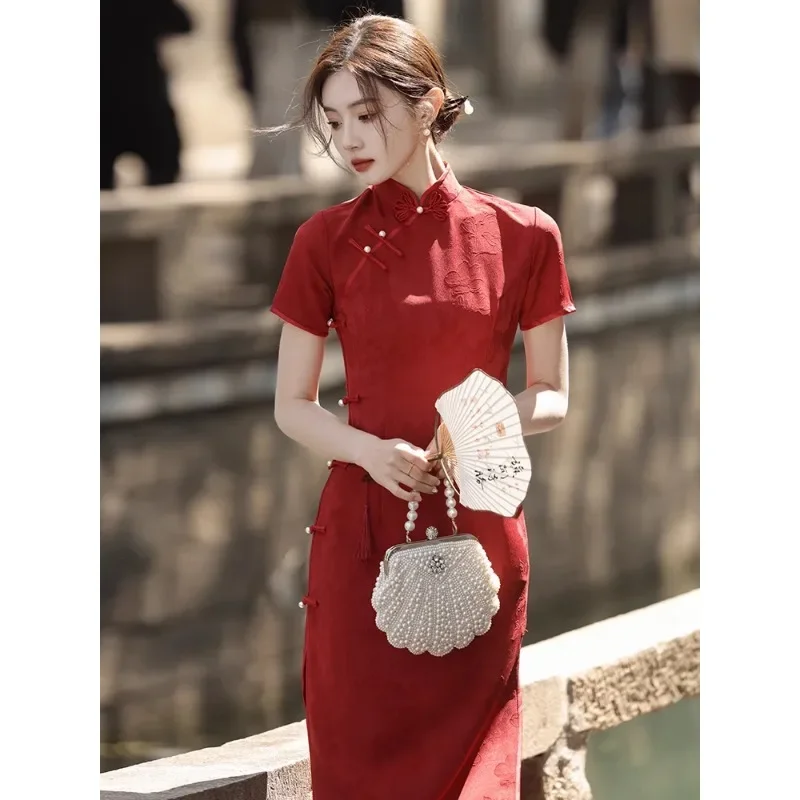 

Chinese Traditional Qipao Red Cheongsam Vintage Classic Clothes Dress Sexy Women Outfit New Style Suit for New Year Day