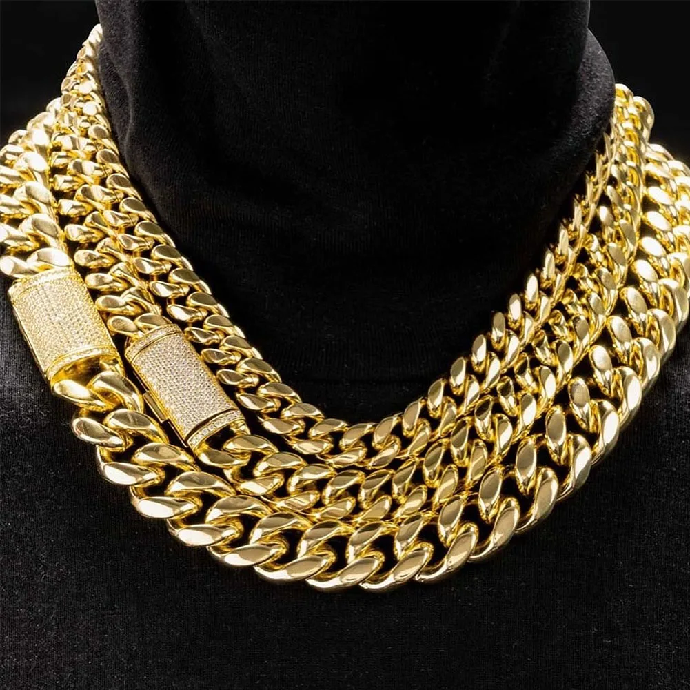 

THE BLING KING Stainless Steel 8mm/10mm/12mm Cuban Chain Necklace With Micro Paved CZ Clasp 18K Gold Plated Link Hip Hop Jewelry