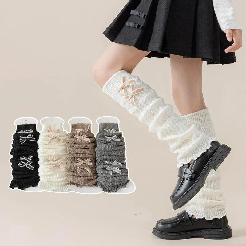 Korean Sweet Calf Sock for Kids Girl Fashion Bow Solid Color Children's Pile Sock Soft Cotton Autumn Leg Warmers Stacking Socks