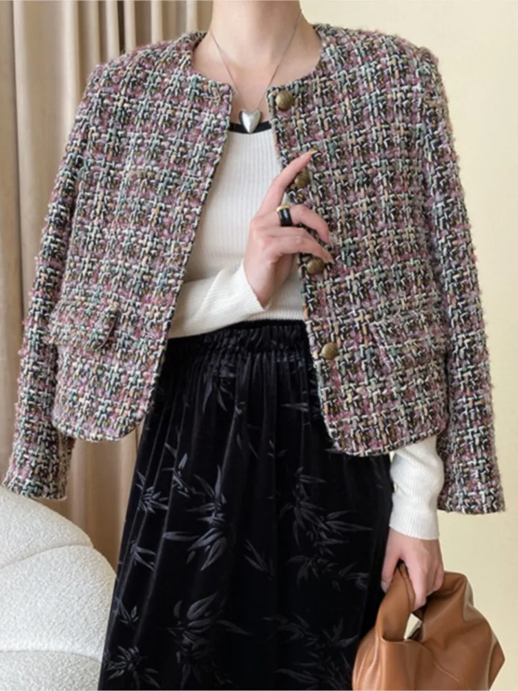 Mixed color woven tweed coat Spring/fall women's classic one-piece jacket short