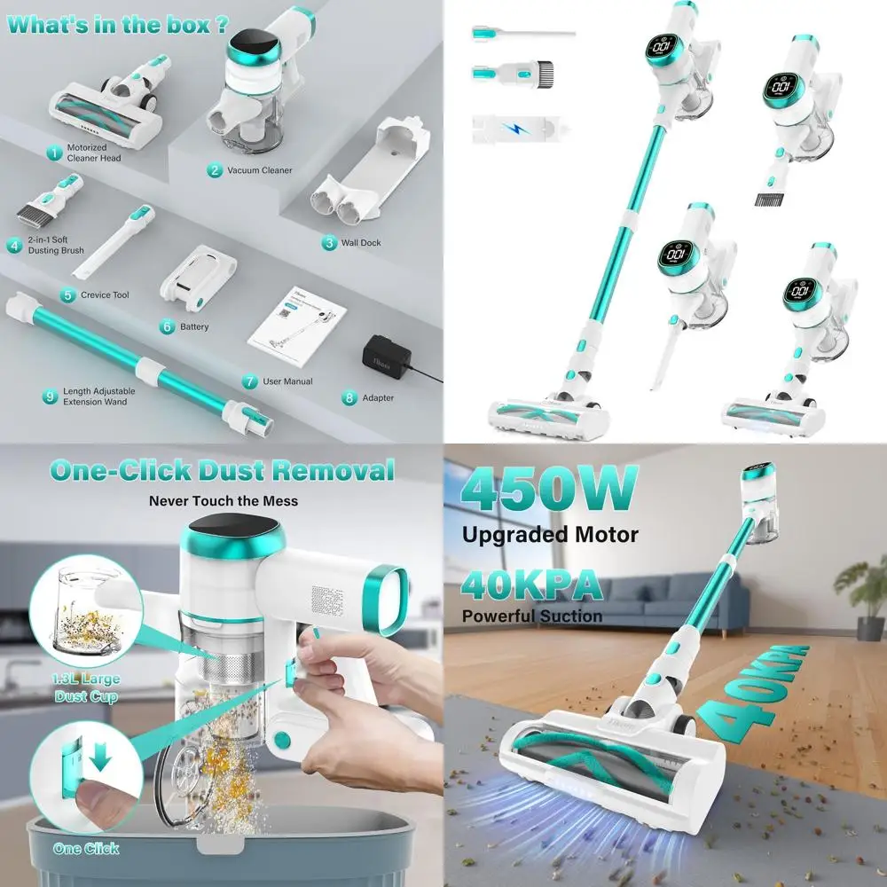 

Cordless 40000Pa 450W Vacuum Cleaner with LED Touch Screen, Wall Dock, Anti-Tangle, Ideal for Pet Hair and All Floor Types