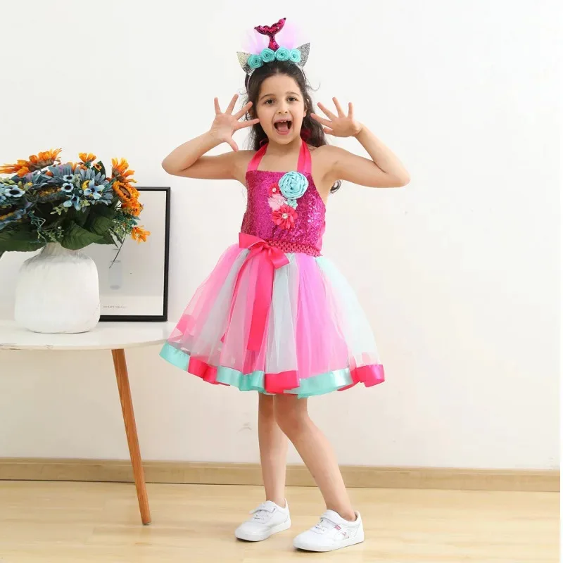 New Children Mermaid Dress Girls Halloween Princess Party Dress Up Tulle Mesh Rainbow Tutu Skirt Fish Scale Sequin Outfits