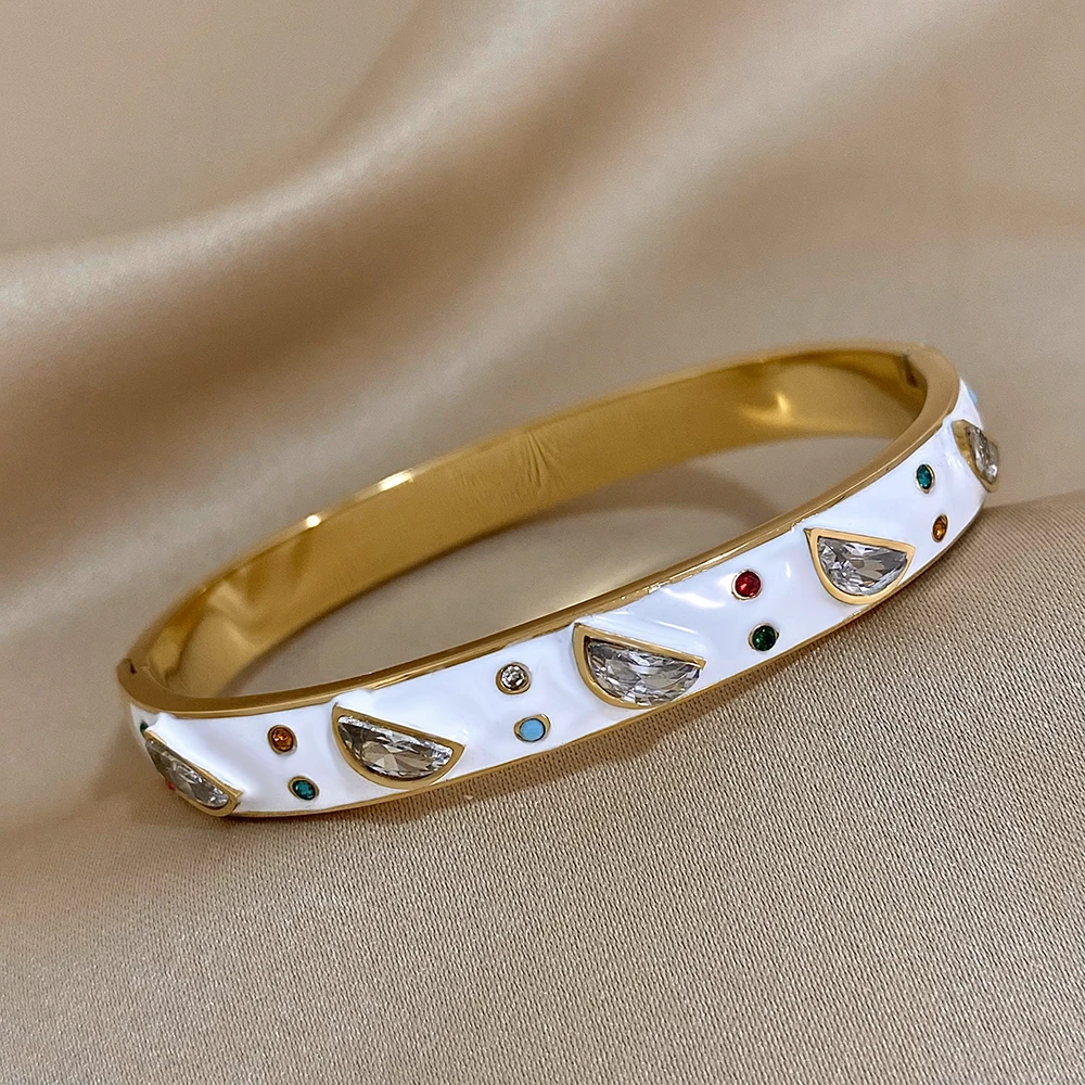 Unique Design Geometric Zircon Colorful Enamel Stainless Steel Cuff Bangles Bracelets for Women Charm Gold Plated Jewelry Gifts